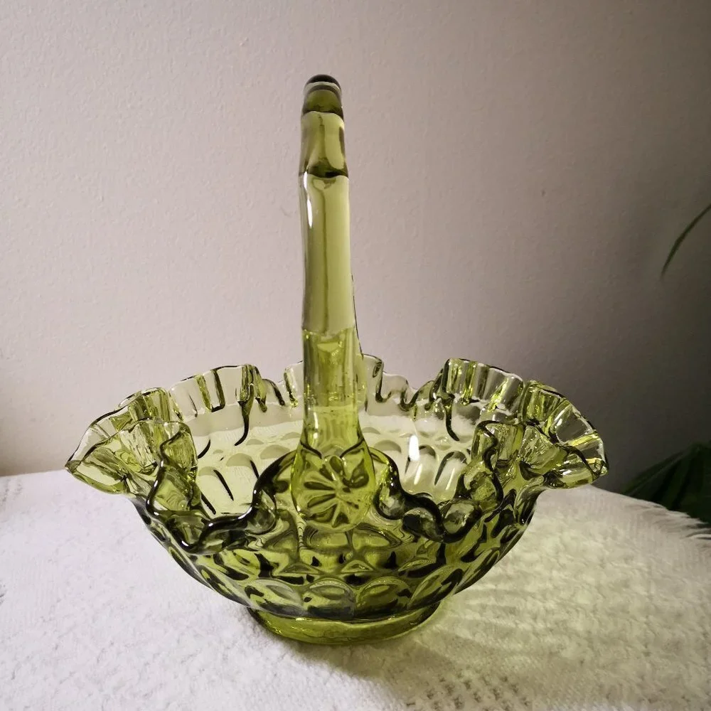 Vintage Thumbprint Green Glass Basket With Ruffled Edges And A Crimped Handle
